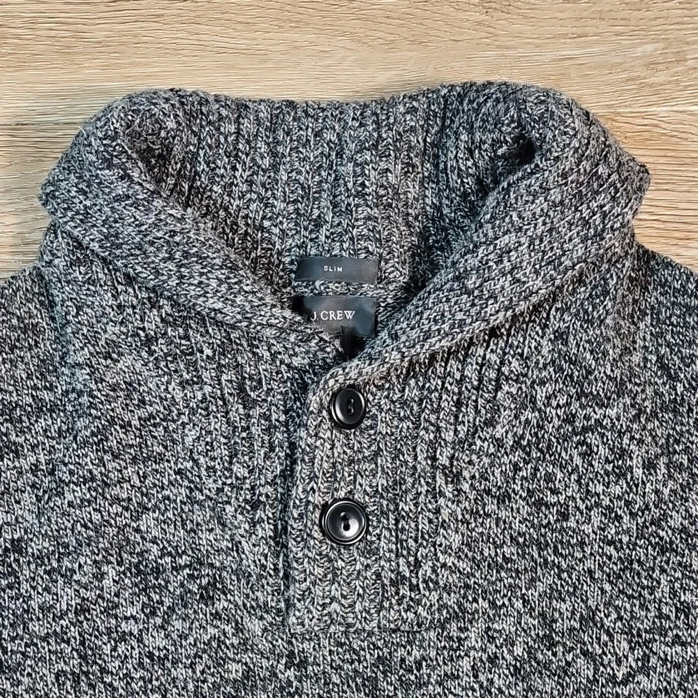 J. Crew 100% Lamb's Wool Charcoal Marled Knit Shawl Collar Slim Fit Sweater